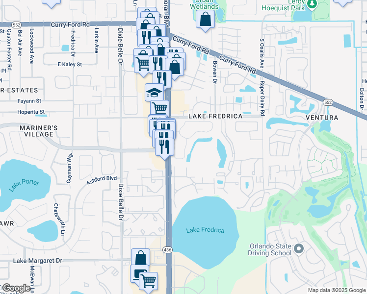 map of restaurants, bars, coffee shops, grocery stores, and more near 2575 South Semoran Boulevard in Orlando