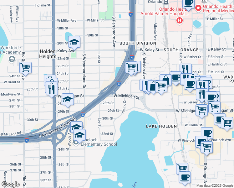 map of restaurants, bars, coffee shops, grocery stores, and more near 653 West Michigan Street in Orlando