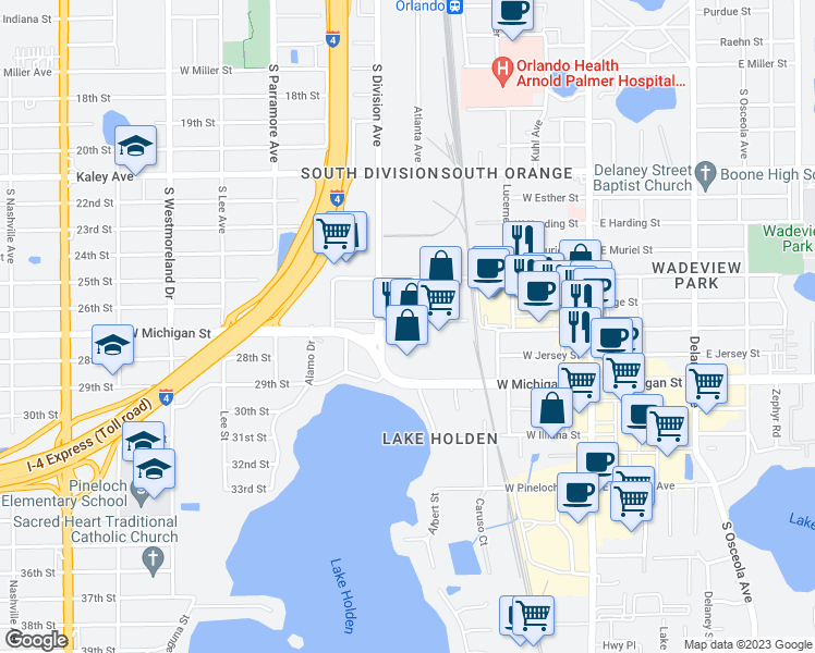 map of restaurants, bars, coffee shops, grocery stores, and more near 444 27th Street in Orlando