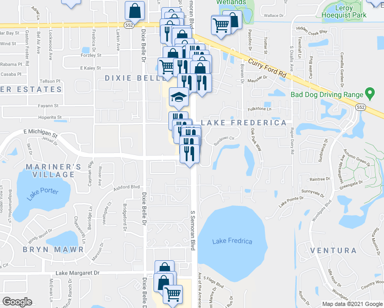 map of restaurants, bars, coffee shops, grocery stores, and more near 2522 South Semoran Boulevard in Orlando