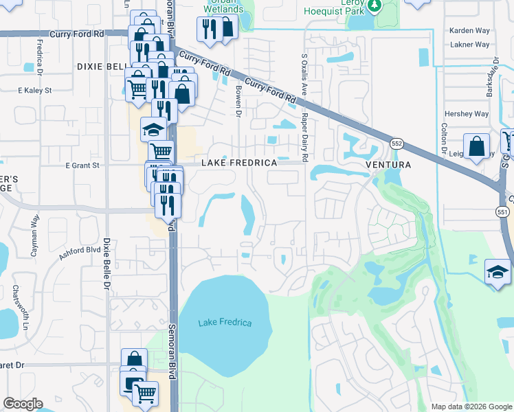 map of restaurants, bars, coffee shops, grocery stores, and more near 2639 Oak Park Way in Orlando