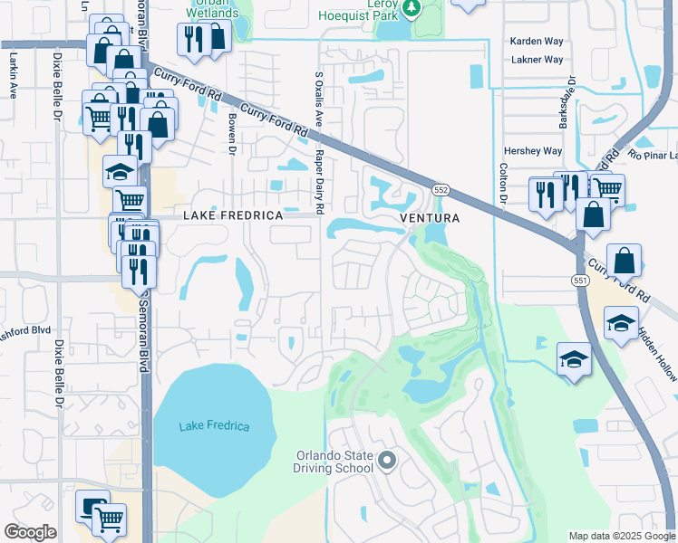 map of restaurants, bars, coffee shops, grocery stores, and more near 2701 Shadybranch Drive in Orlando