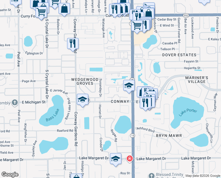 map of restaurants, bars, coffee shops, grocery stores, and more near 2586 South Conway Road in Orlando