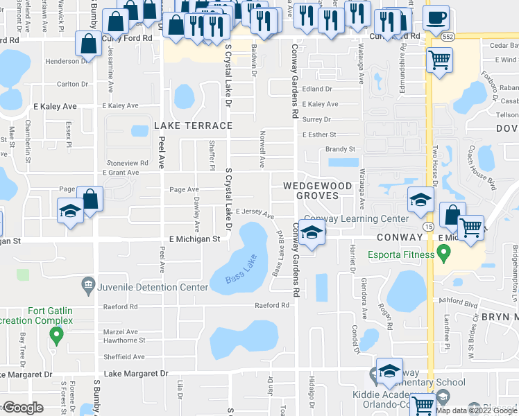 map of restaurants, bars, coffee shops, grocery stores, and more near 3221 East Jersey Avenue in Orlando