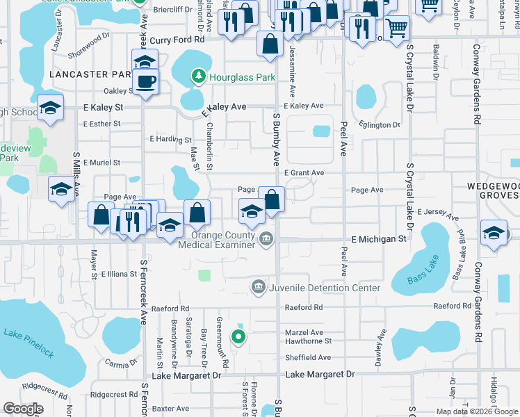 map of restaurants, bars, coffee shops, grocery stores, and more near 2316 East Crystal Lake Avenue in Orlando