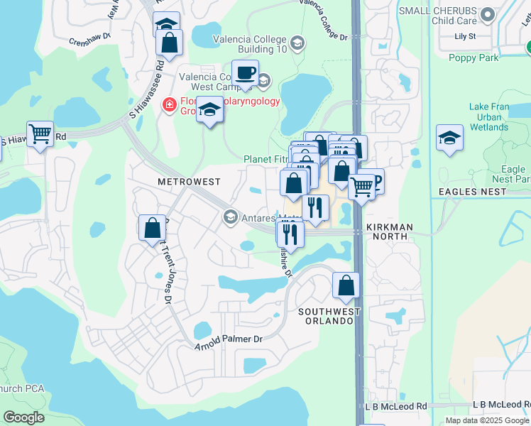 map of restaurants, bars, coffee shops, grocery stores, and more near 6157 Metrowest Boulevard in Orlando