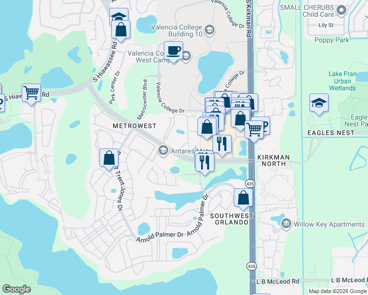 map of restaurants, bars, coffee shops, grocery stores, and more near 6157 Metrowest Boulevard in Orlando