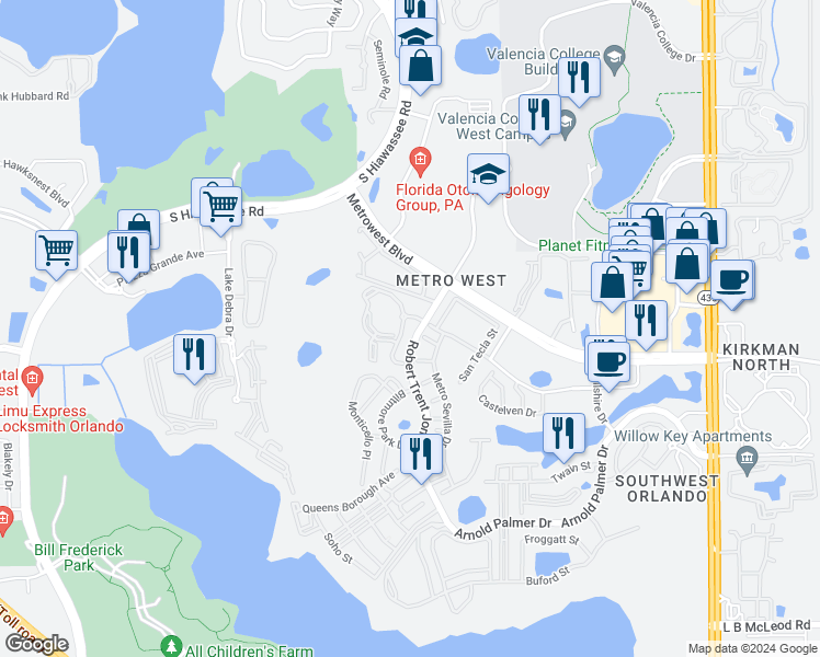 map of restaurants, bars, coffee shops, grocery stores, and more near 2632 Robert Trent Jones Drive in Orlando