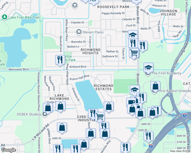 map of restaurants, bars, coffee shops, grocery stores, and more near 4385 Prince Hall Boulevard in Orlando