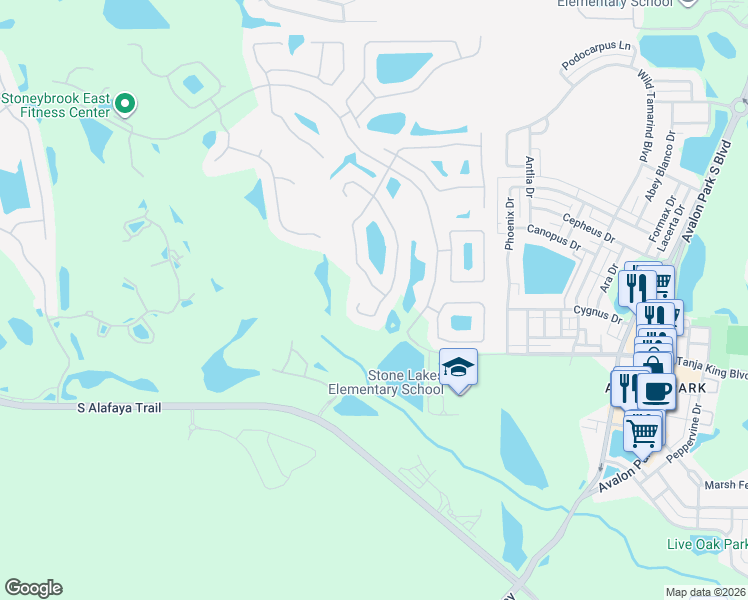 map of restaurants, bars, coffee shops, grocery stores, and more near 2596 Corbyton Court in Orlando