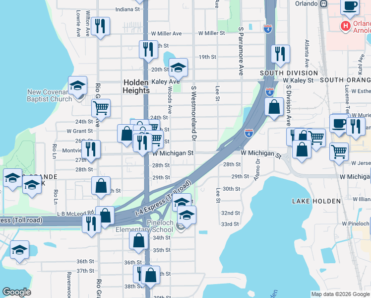 map of restaurants, bars, coffee shops, grocery stores, and more near 2608 South Westmoreland Drive in Orlando