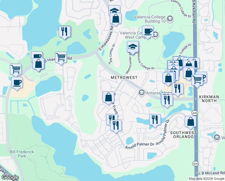 map of restaurants, bars, coffee shops, grocery stores, and more near 2632 Robert Trent Jones Drive in Orlando
