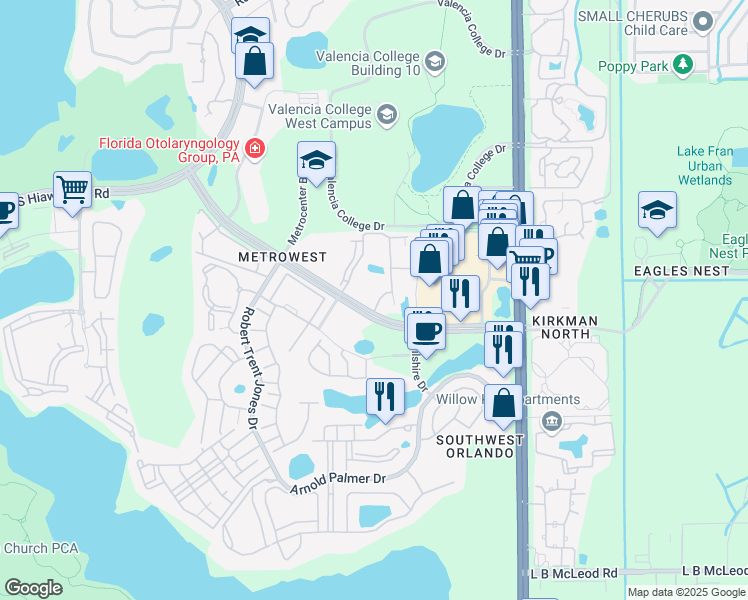 map of restaurants, bars, coffee shops, grocery stores, and more near 6157 Metrowest Boulevard in Orlando
