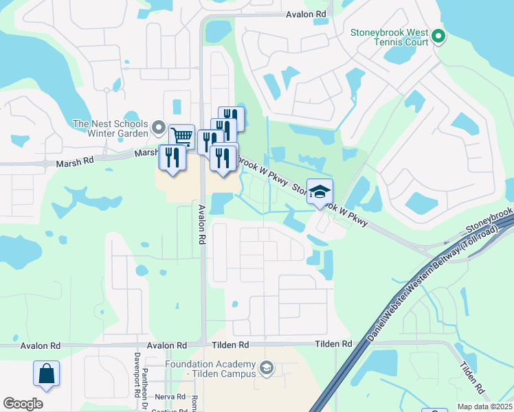 map of restaurants, bars, coffee shops, grocery stores, and more near 15262 Black Lion Way in Winter Garden