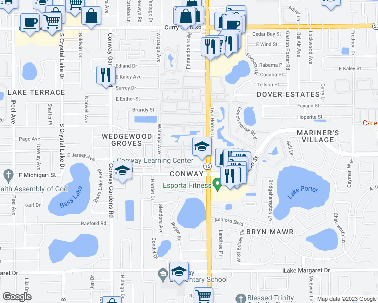 map of restaurants, bars, coffee shops, grocery stores, and more near 2544 South Conway Road in Orlando