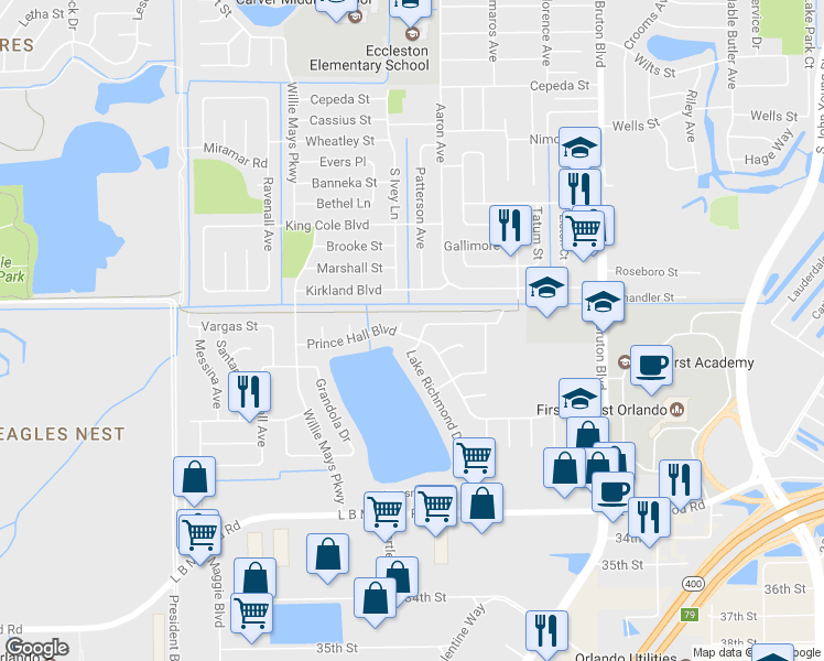 map of restaurants, bars, coffee shops, grocery stores, and more near 4385 Prince Hall Boulevard in Orlando