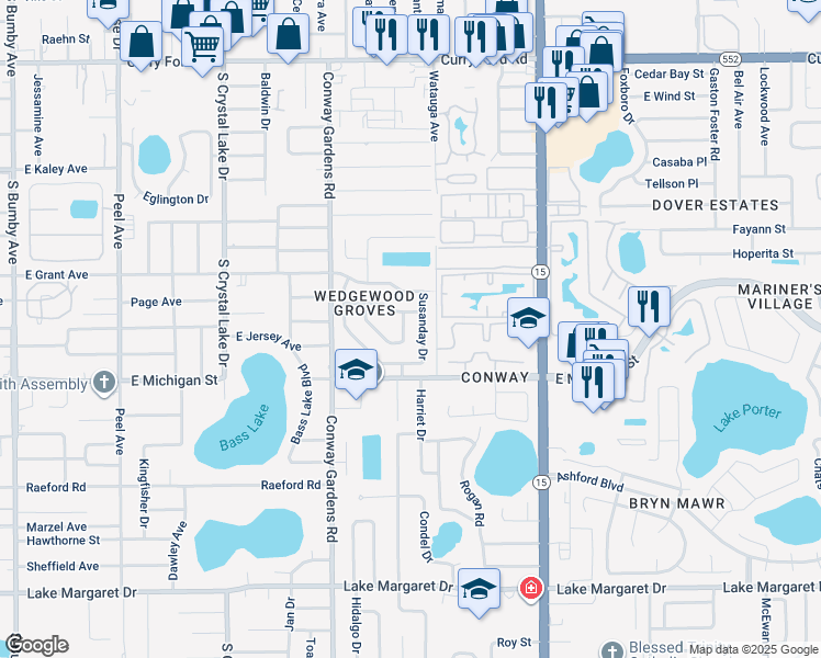 map of restaurants, bars, coffee shops, grocery stores, and more near 2824 Waymeyer Drive in Orlando