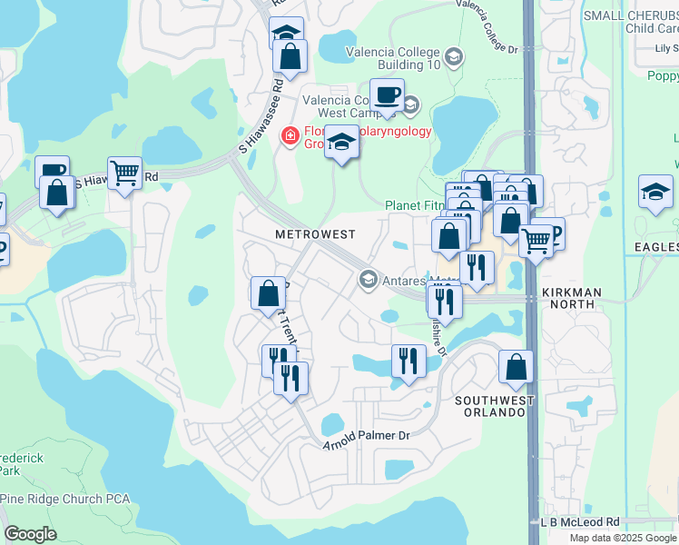 map of restaurants, bars, coffee shops, grocery stores, and more near 6402 Cava Alta Drive in Orlando