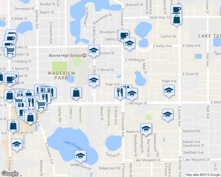 map of restaurants, bars, coffee shops, grocery stores, and more near 2419 South Brown Avenue in Orlando