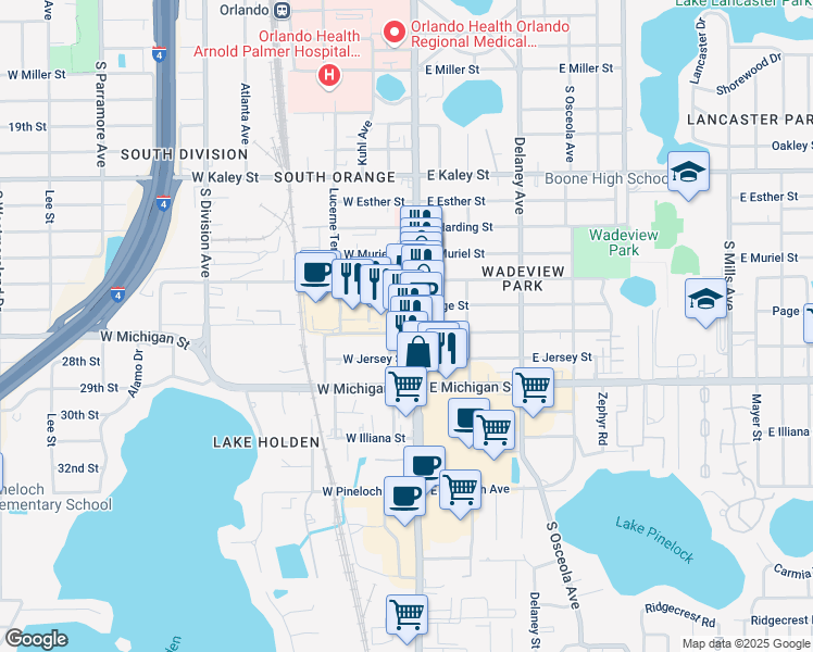 map of restaurants, bars, coffee shops, grocery stores, and more near 2474 South Orange Avenue in Orlando