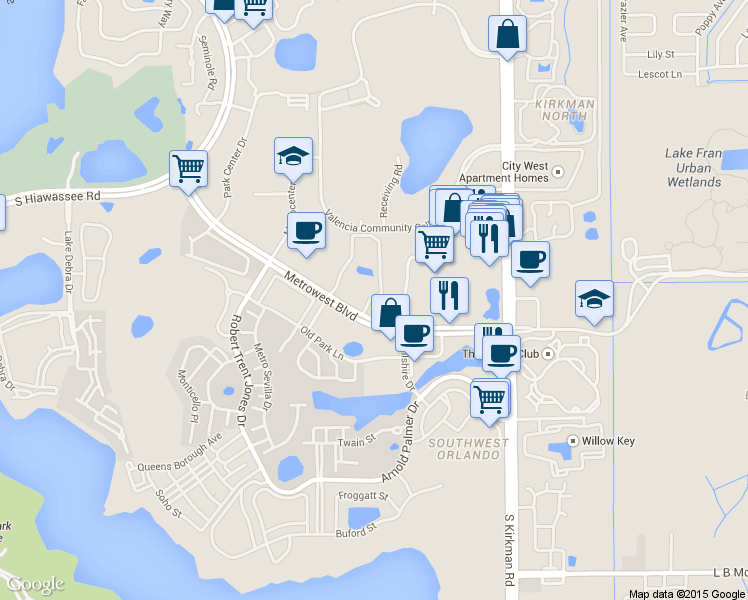 map of restaurants, bars, coffee shops, grocery stores, and more near 6157 Metrowest Boulevard in Orlando