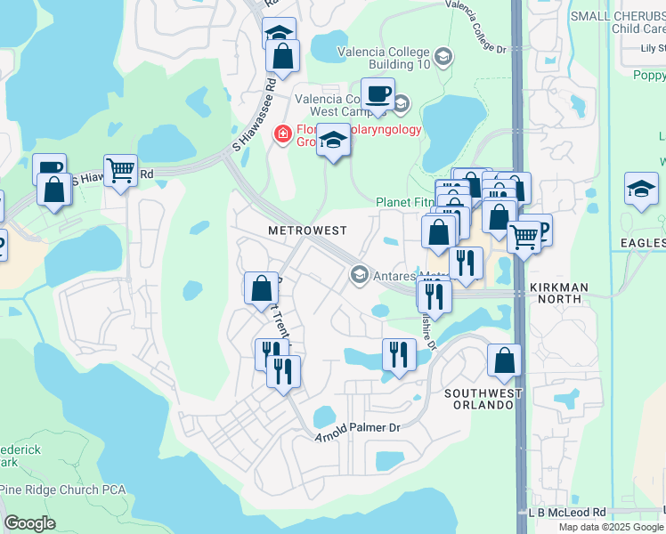 map of restaurants, bars, coffee shops, grocery stores, and more near 6402 Cava Alta Drive in Orlando