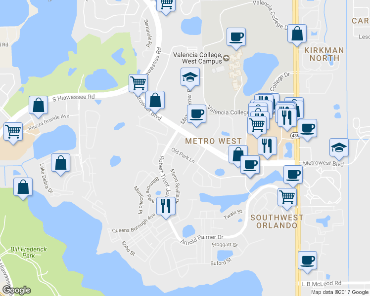map of restaurants, bars, coffee shops, grocery stores, and more near 6466 Cava Alta Drive in Orlando