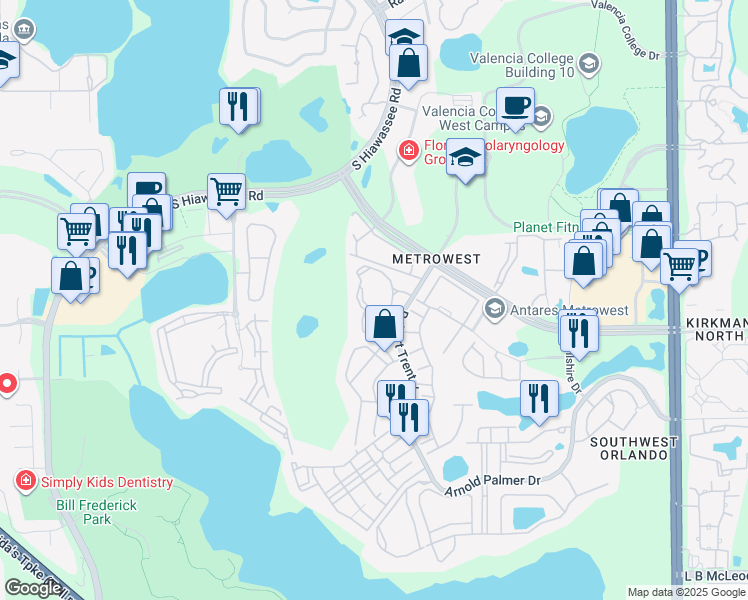 map of restaurants, bars, coffee shops, grocery stores, and more near 2612 Robert Trent Jones Drive in Orlando