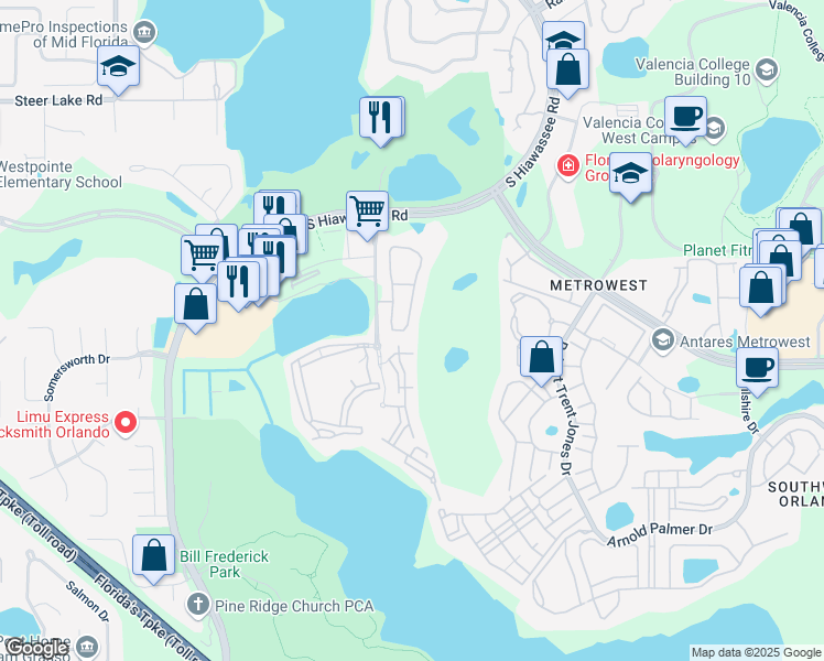 map of restaurants, bars, coffee shops, grocery stores, and more near 2191 Lake Debra Drive in Orlando