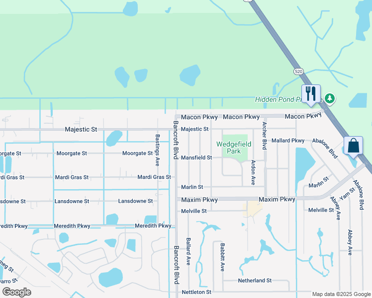 map of restaurants, bars, coffee shops, grocery stores, and more near 2250 Ballard Avenue in Orlando