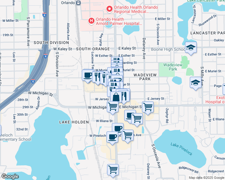 map of restaurants, bars, coffee shops, grocery stores, and more near 2474 South Orange Avenue in Orlando