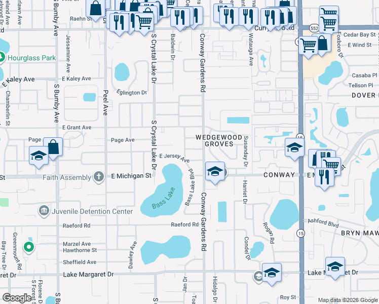 map of restaurants, bars, coffee shops, grocery stores, and more near 3508 East Crystal Lake Avenue in Orlando