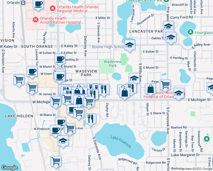 map of restaurants, bars, coffee shops, grocery stores, and more near 519 East Crystal Lake Street in Orlando