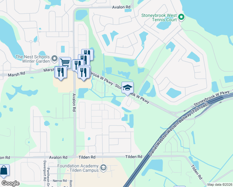 map of restaurants, bars, coffee shops, grocery stores, and more near 15136 Black Lion Way in Winter Garden
