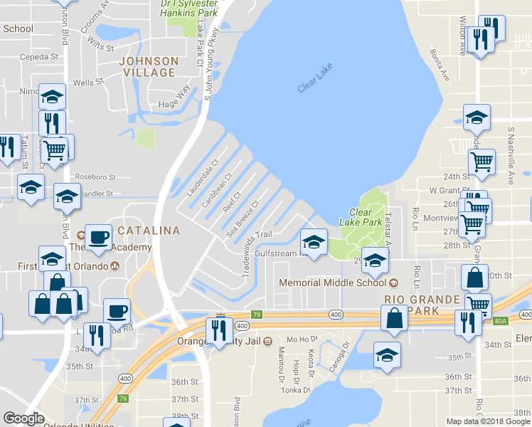 map of restaurants, bars, coffee shops, grocery stores, and more near 2607 Windward Court in Orlando