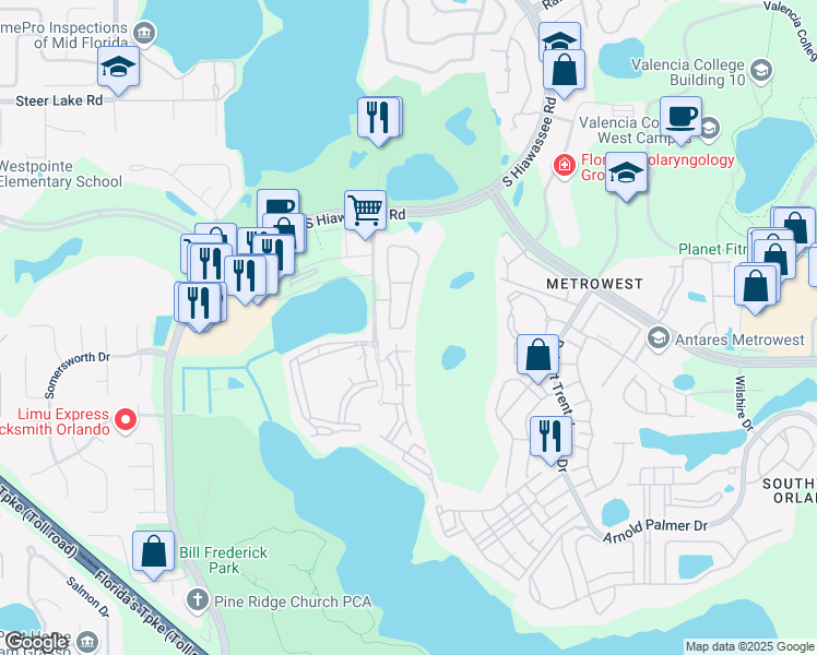 map of restaurants, bars, coffee shops, grocery stores, and more near 2191 Lake Debra Drive in Orlando