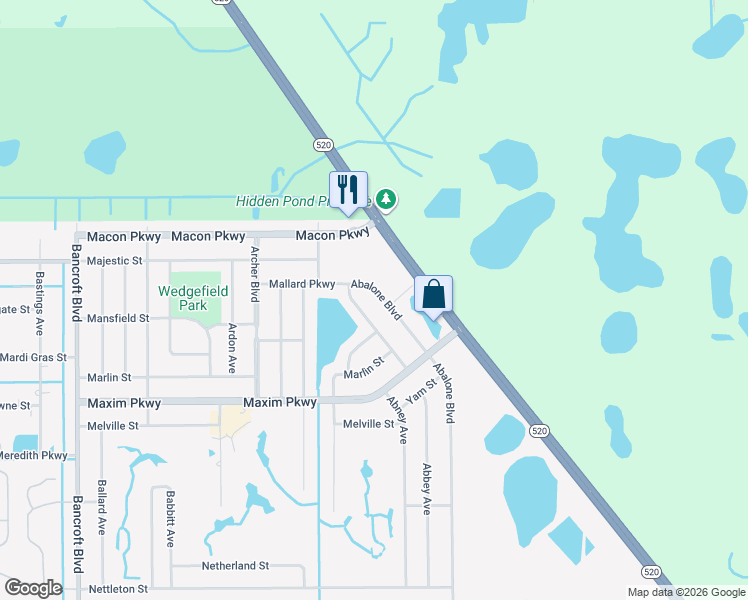 map of restaurants, bars, coffee shops, grocery stores, and more near 2228 Abalone Boulevard in Orlando