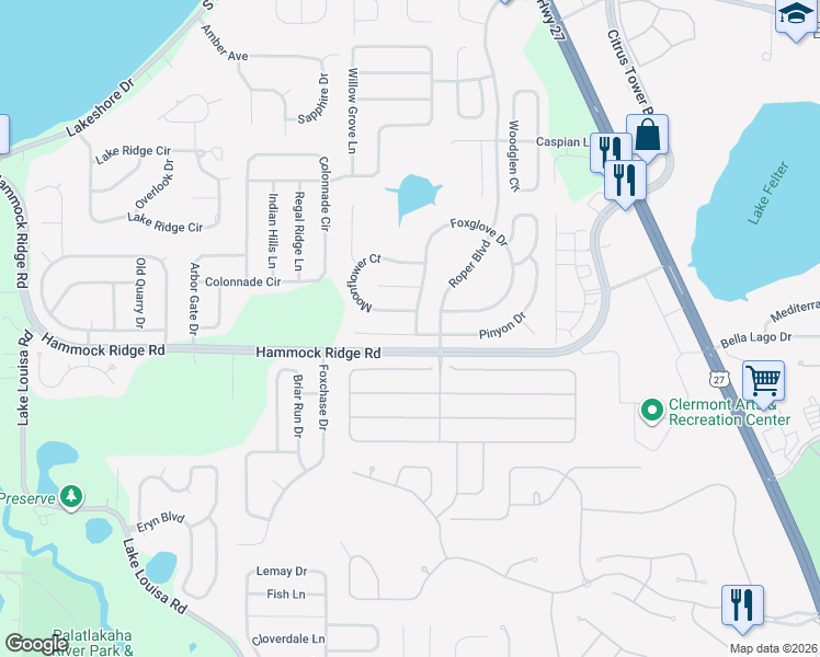 map of restaurants, bars, coffee shops, grocery stores, and more near 13145 Pinyon Drive in Clermont