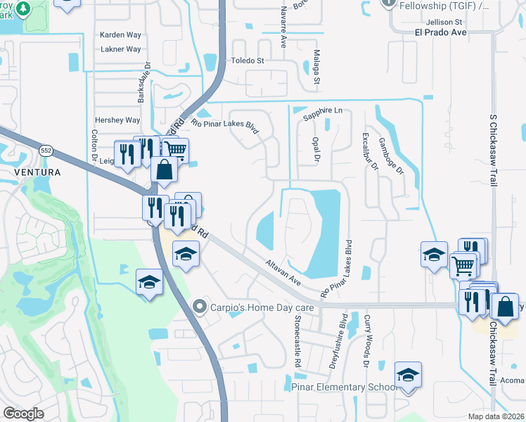 map of restaurants, bars, coffee shops, grocery stores, and more near 2405 Palm Creek Avenue in Orlando