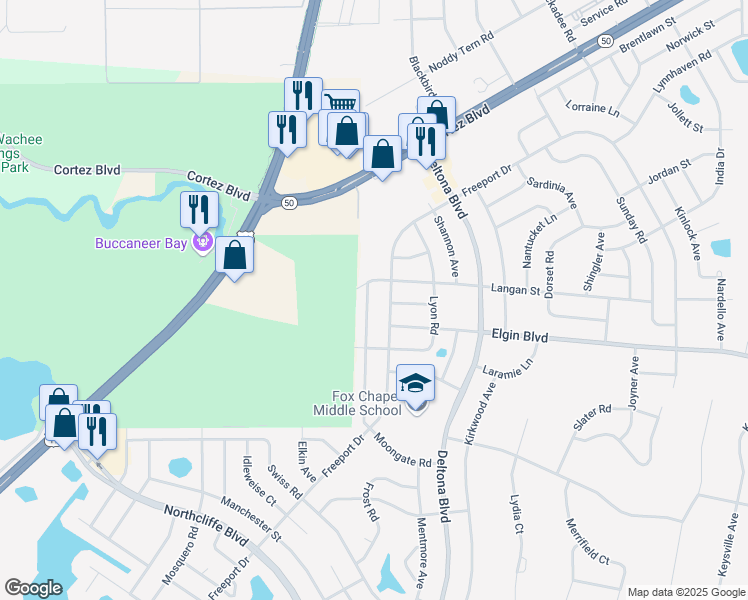 map of restaurants, bars, coffee shops, grocery stores, and more near 6040 Moongate Road in Spring Hill