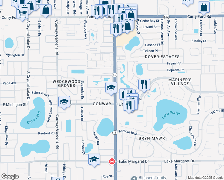 map of restaurants, bars, coffee shops, grocery stores, and more near 2532 South Conway Road in Orlando