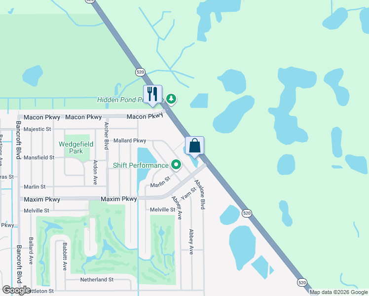 map of restaurants, bars, coffee shops, grocery stores, and more near 20700 Florida 520 in Orlando