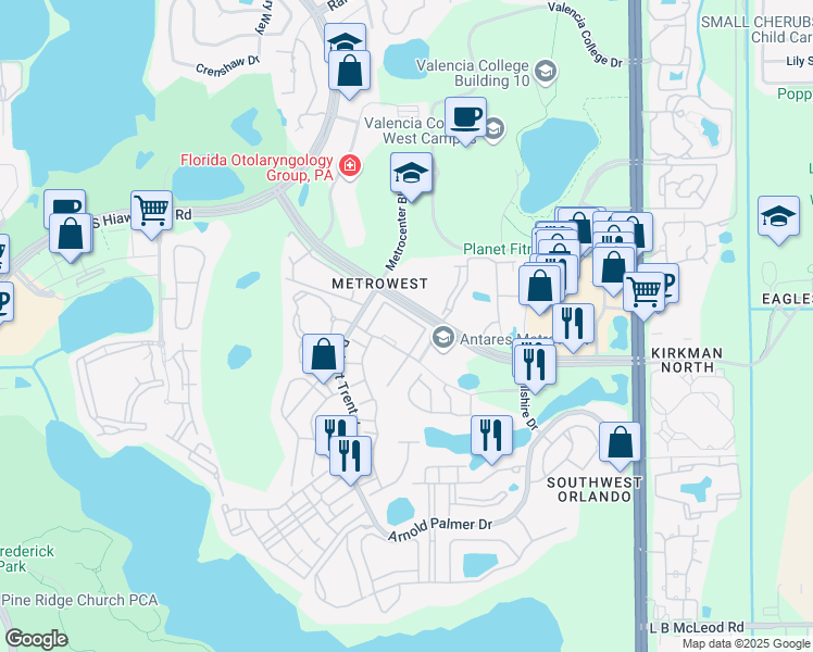 map of restaurants, bars, coffee shops, grocery stores, and more near 6402 Cava Alta Drive in Orlando