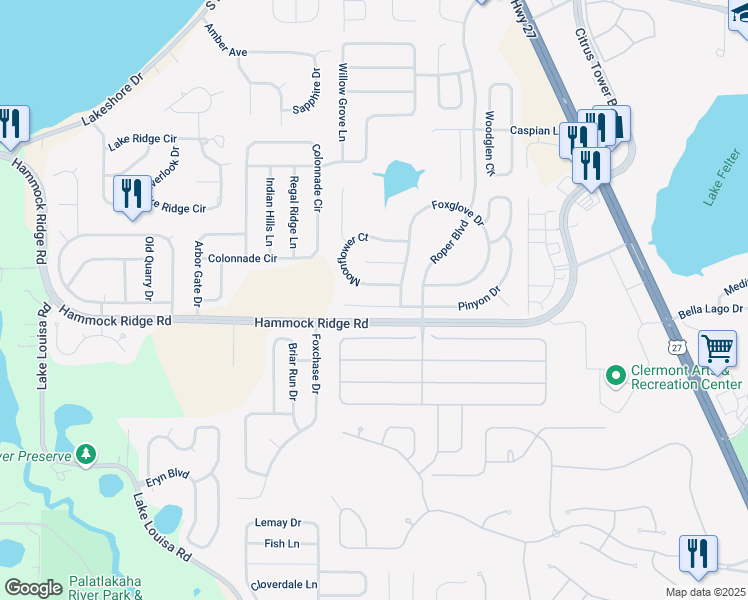 map of restaurants, bars, coffee shops, grocery stores, and more near 13129 Pinyon Drive in Clermont