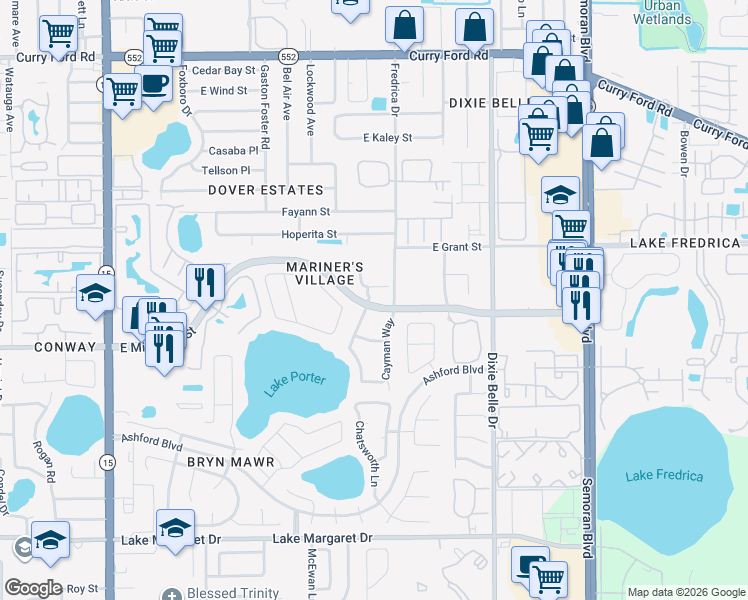 map of restaurants, bars, coffee shops, grocery stores, and more near 2659 Dominica Drive in Orlando