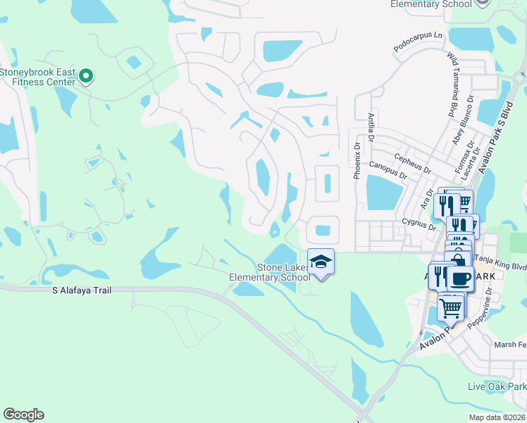 map of restaurants, bars, coffee shops, grocery stores, and more near 2596 Corbyton Court in Orlando