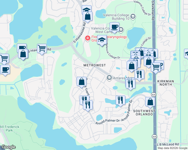 map of restaurants, bars, coffee shops, grocery stores, and more near 6466 Cava Alta Drive in Orlando