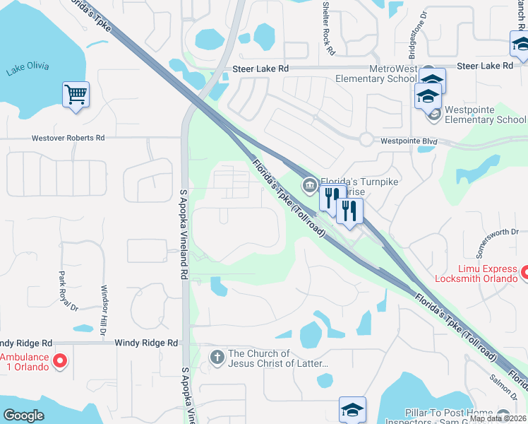 map of restaurants, bars, coffee shops, grocery stores, and more near 7648 Blue Quail Lane in Orlando