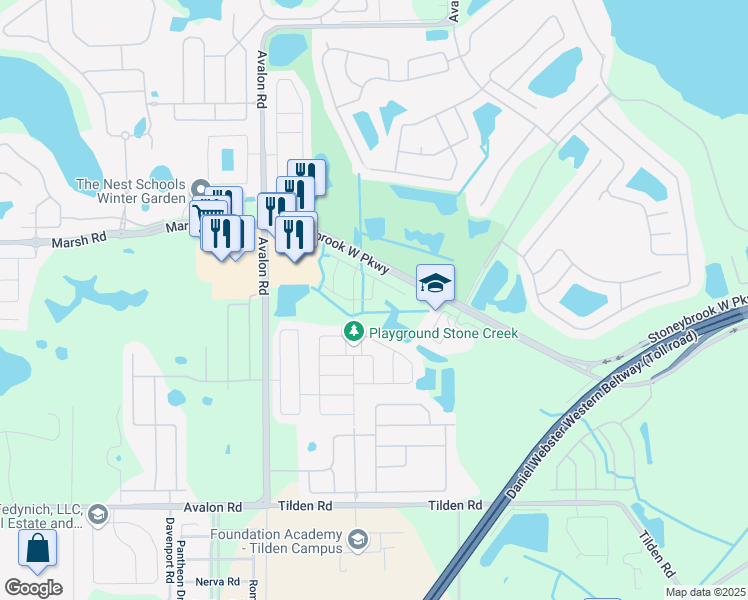 map of restaurants, bars, coffee shops, grocery stores, and more near 15136 Black Lion Way in Winter Garden