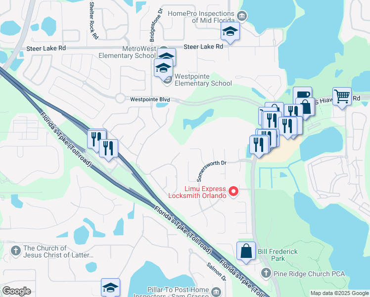 map of restaurants, bars, coffee shops, grocery stores, and more near 2607 Rangeley Court in Orlando